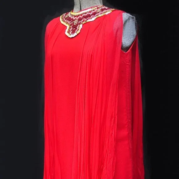 VTG 60's 70's Red Chiffon Trapeze A-Line Dress Beaded Neckline XS/S Twiggy Style - Picture 9 of 11